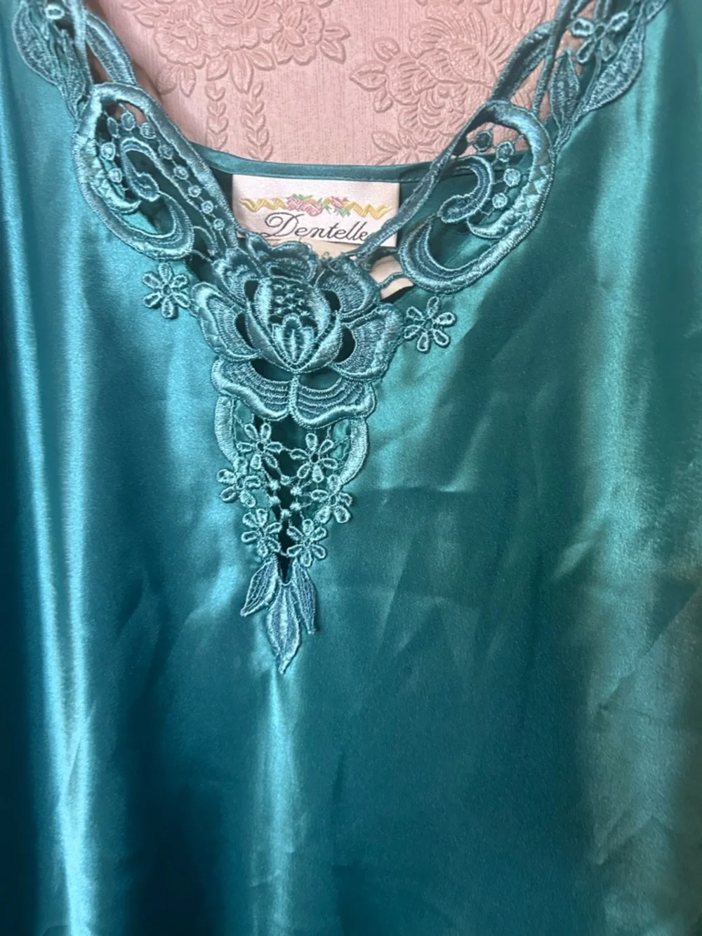 Vintage Turquoise Satin Chemise with Embroidered V-Neck - Picture 2 of 6